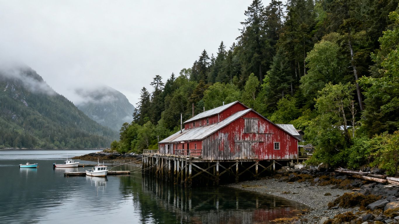 Historic cannery by forested Canadian waterfront