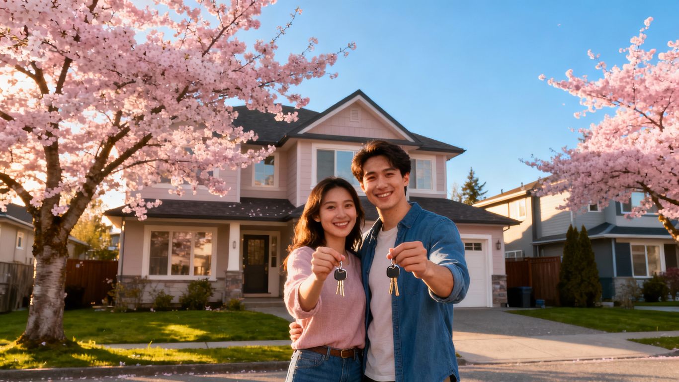 Happy young couple with keys outside Vancouver home