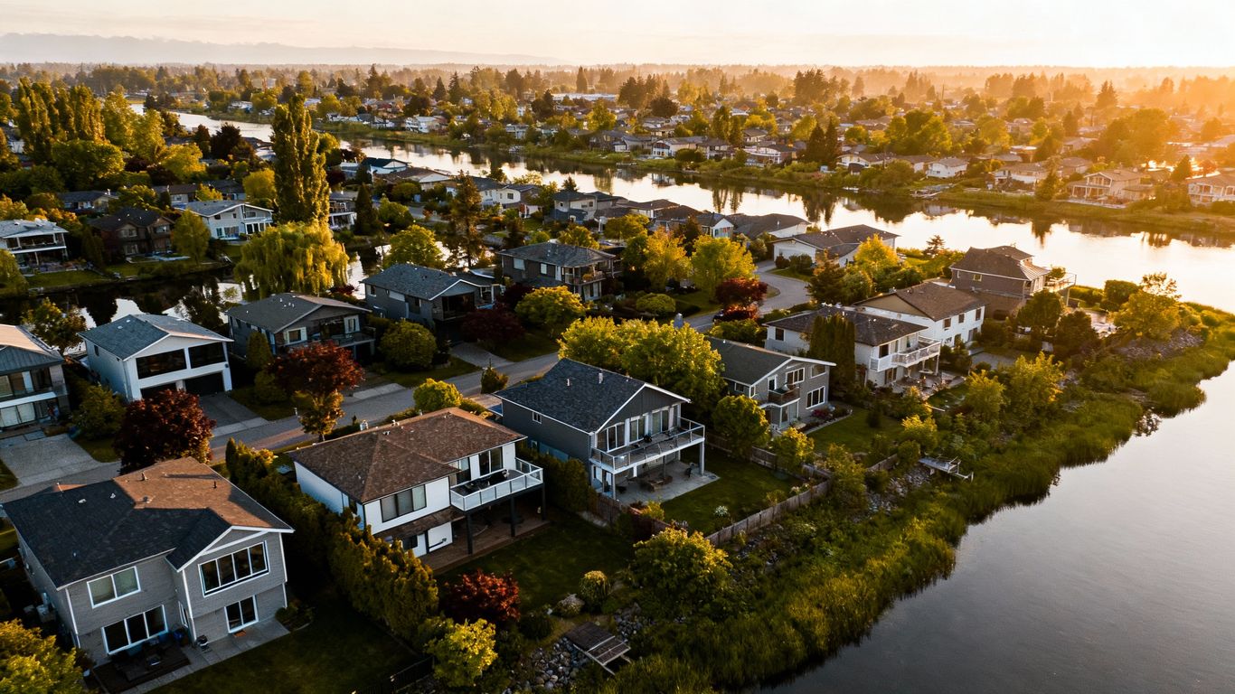 South Delta homes and waterways under sunlight.