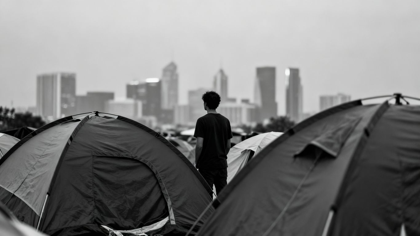 Tent city against a backdrop of city skyscrapers.