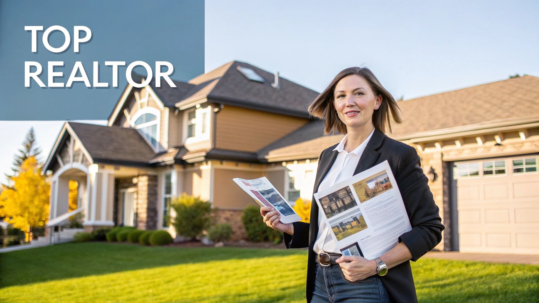 A professional realtor, smiling and shaking hands with a happy couple in front of a modern Maple Ridge home