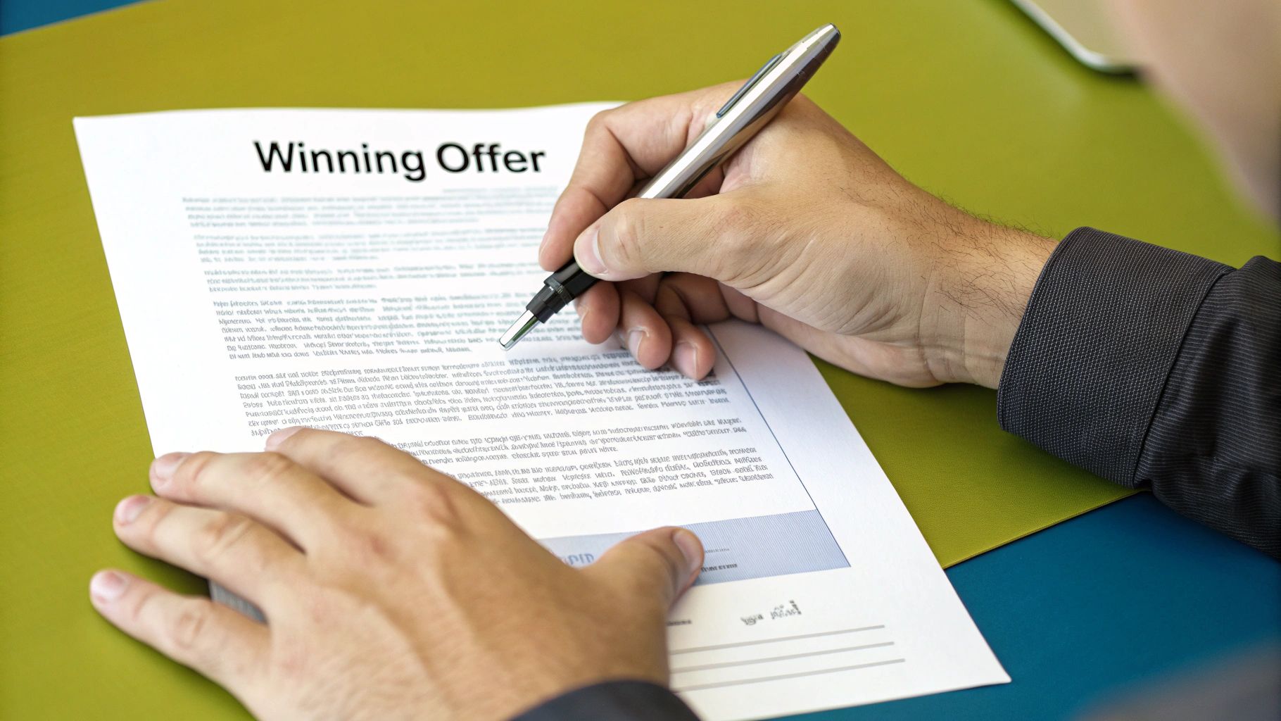 A real estate agent presenting an offer document to a couple in their home