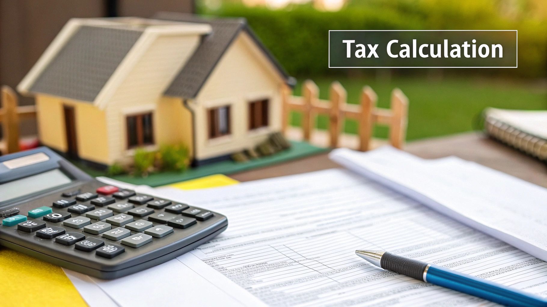 A person using a calculator with a house model in the background