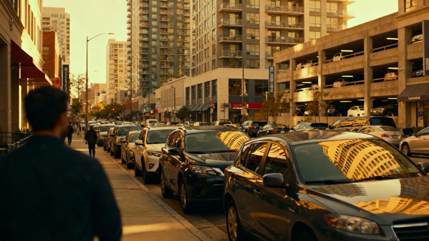 Urban street with parked cars and apartment buildings.