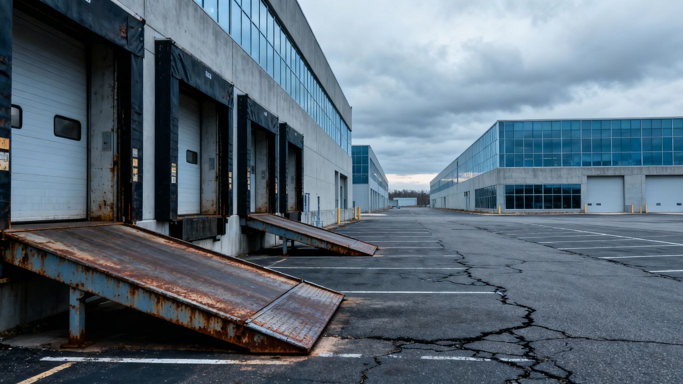 Empty industrial warehouses with vacant parking lots.