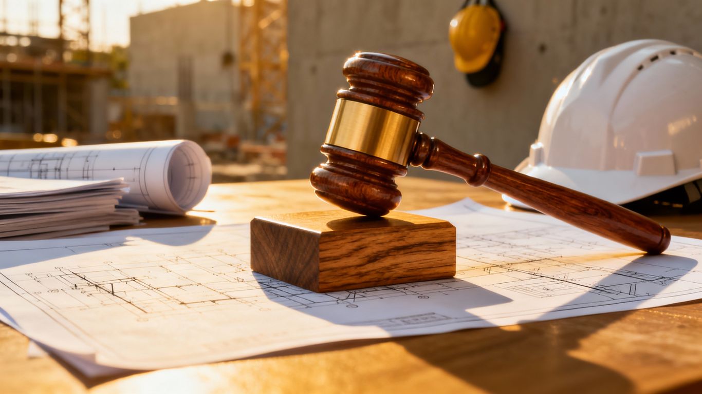 Gavel striking block, construction site elements.
