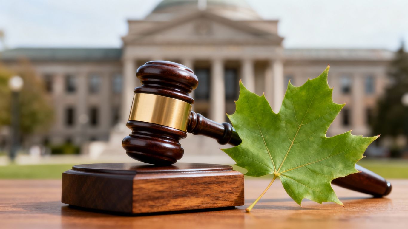 Gavel striking block, maple leaf, courthouse background.