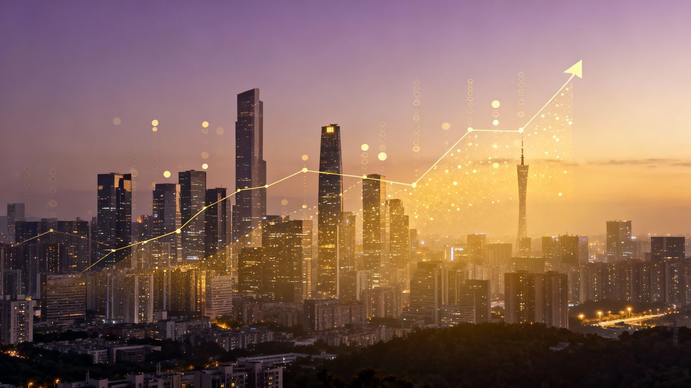 Cityscape with abstract data overlays, indicating market trends.