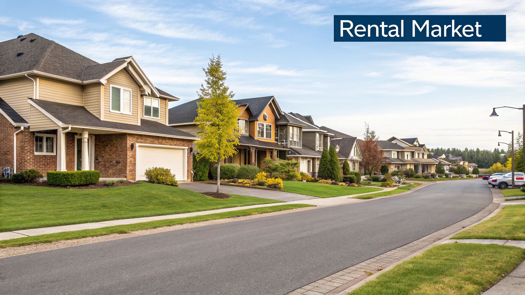 A row of modern townhouses under a clear blue sky in Abbotsford, BC.