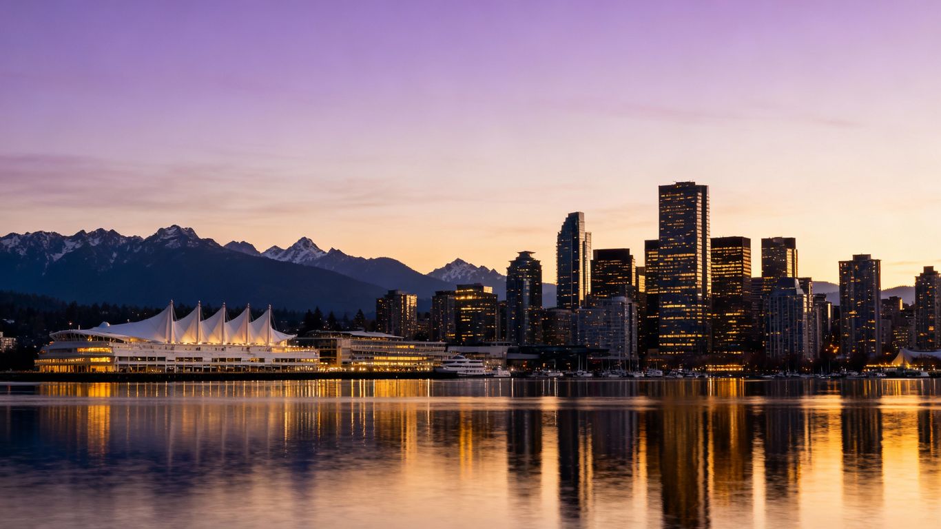 Vancouver skyline with Canada Place at dusk.