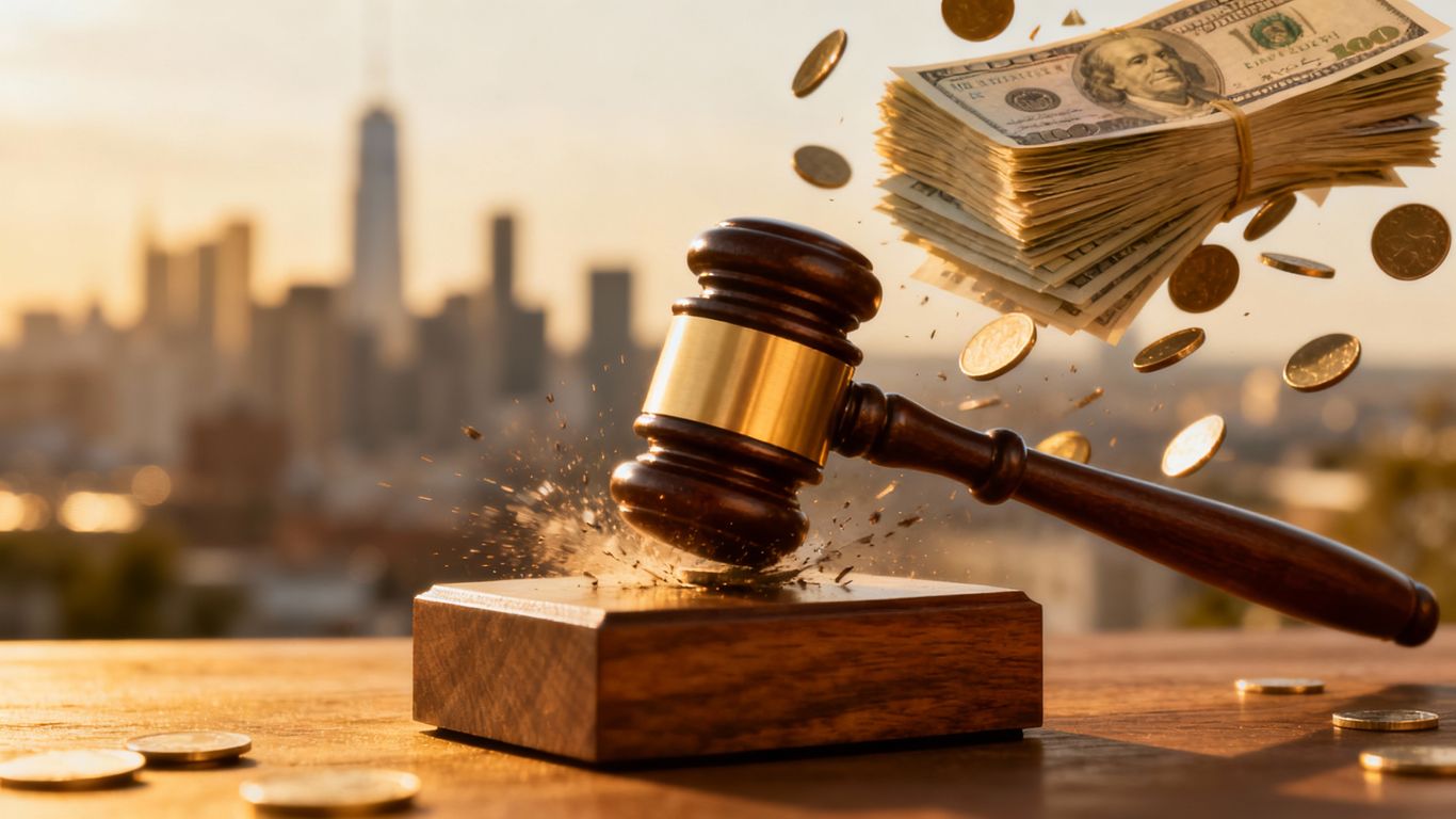 Gavel striking block, money falling, cityscape background.