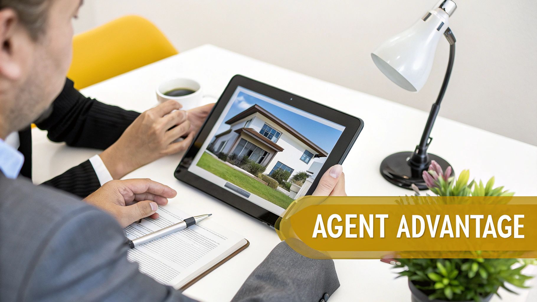 A real estate agent reviews documents with a client in a modern home setting.