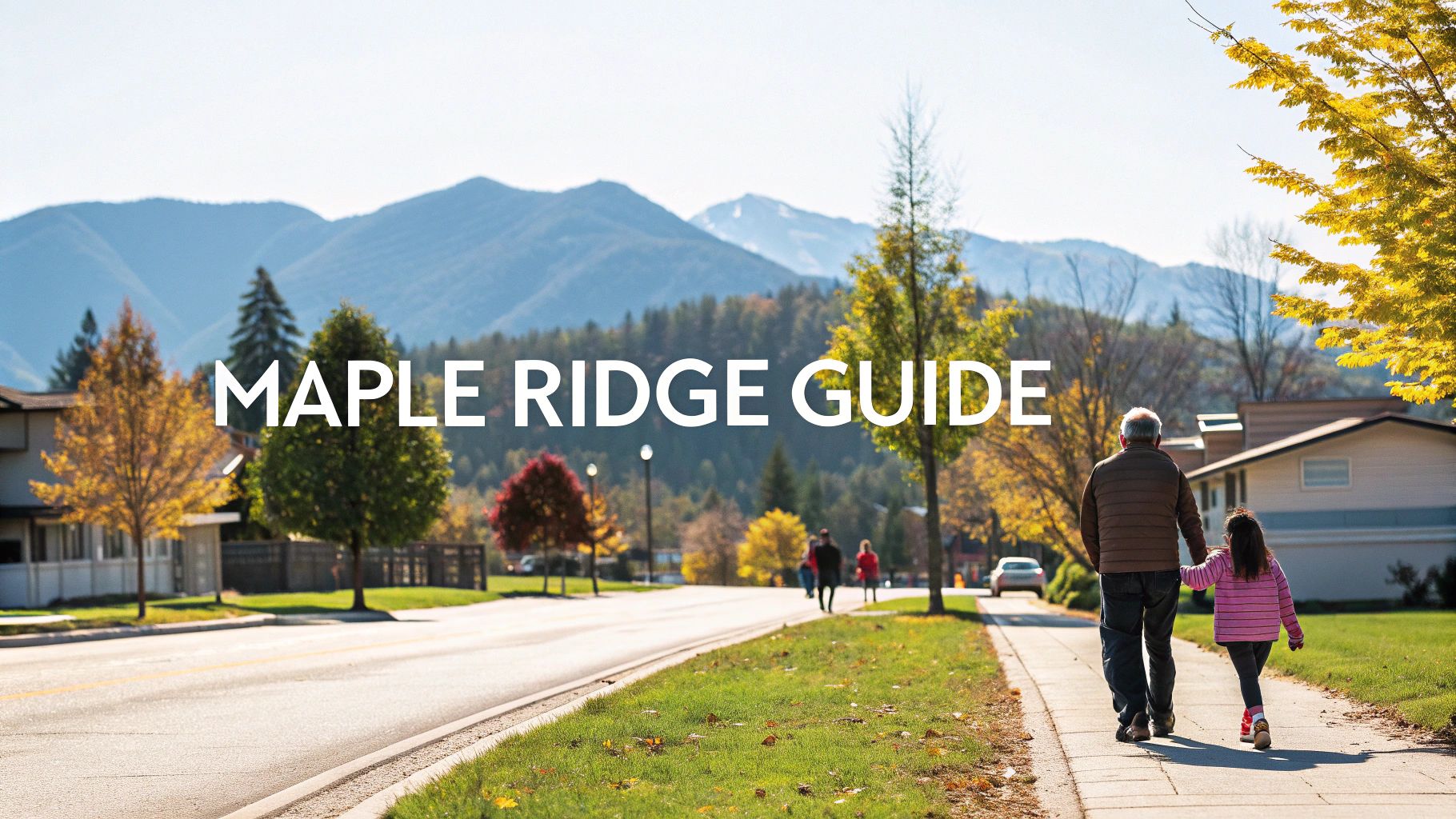 A scenic view of the mountains and forests surrounding a residential area in Maple Ridge, BC.