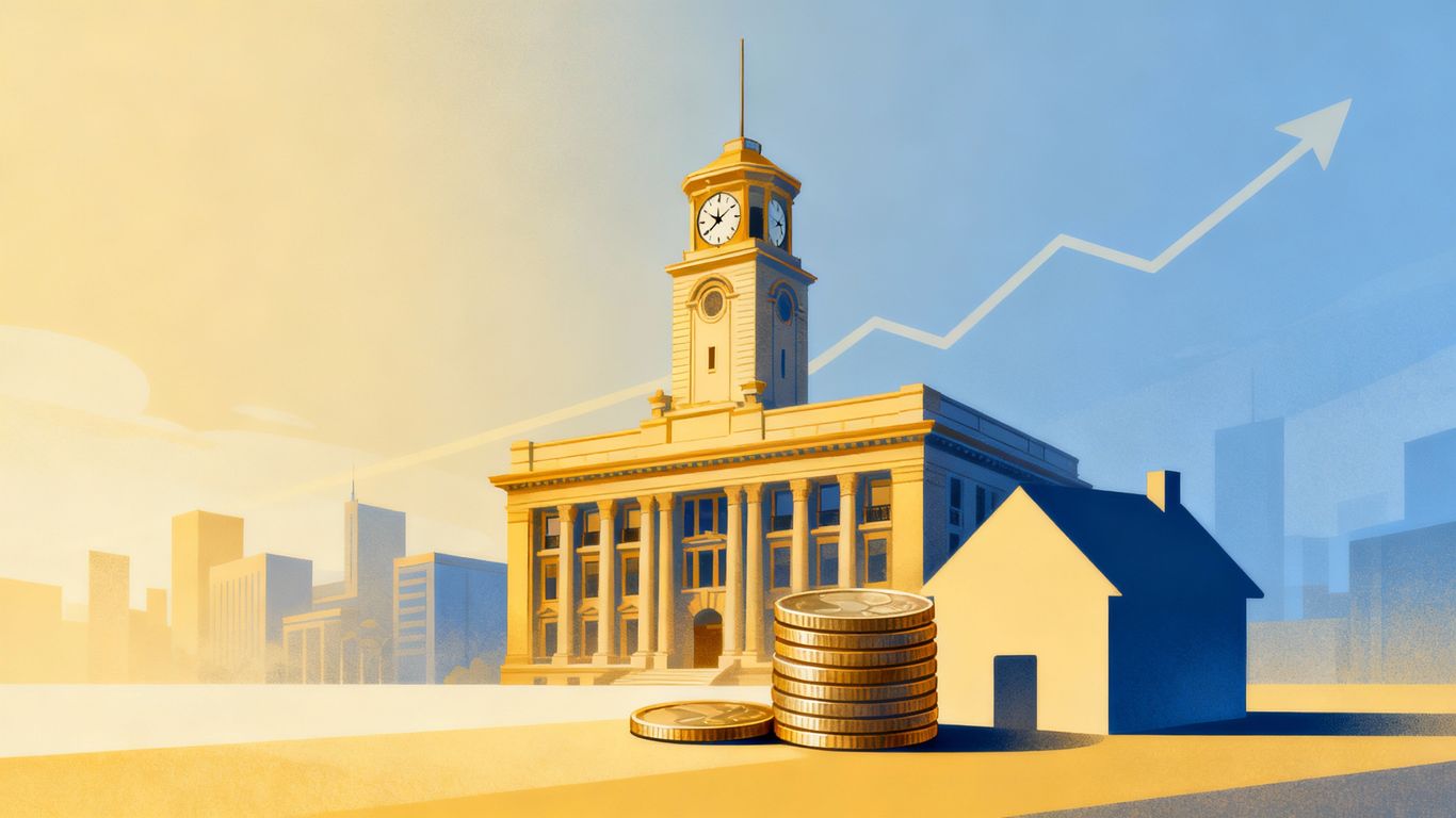 City hall, coins, and house silhouette with upward trend.
