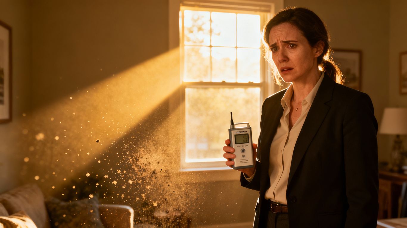 Realtor holding radon detector in a sunlit home.
