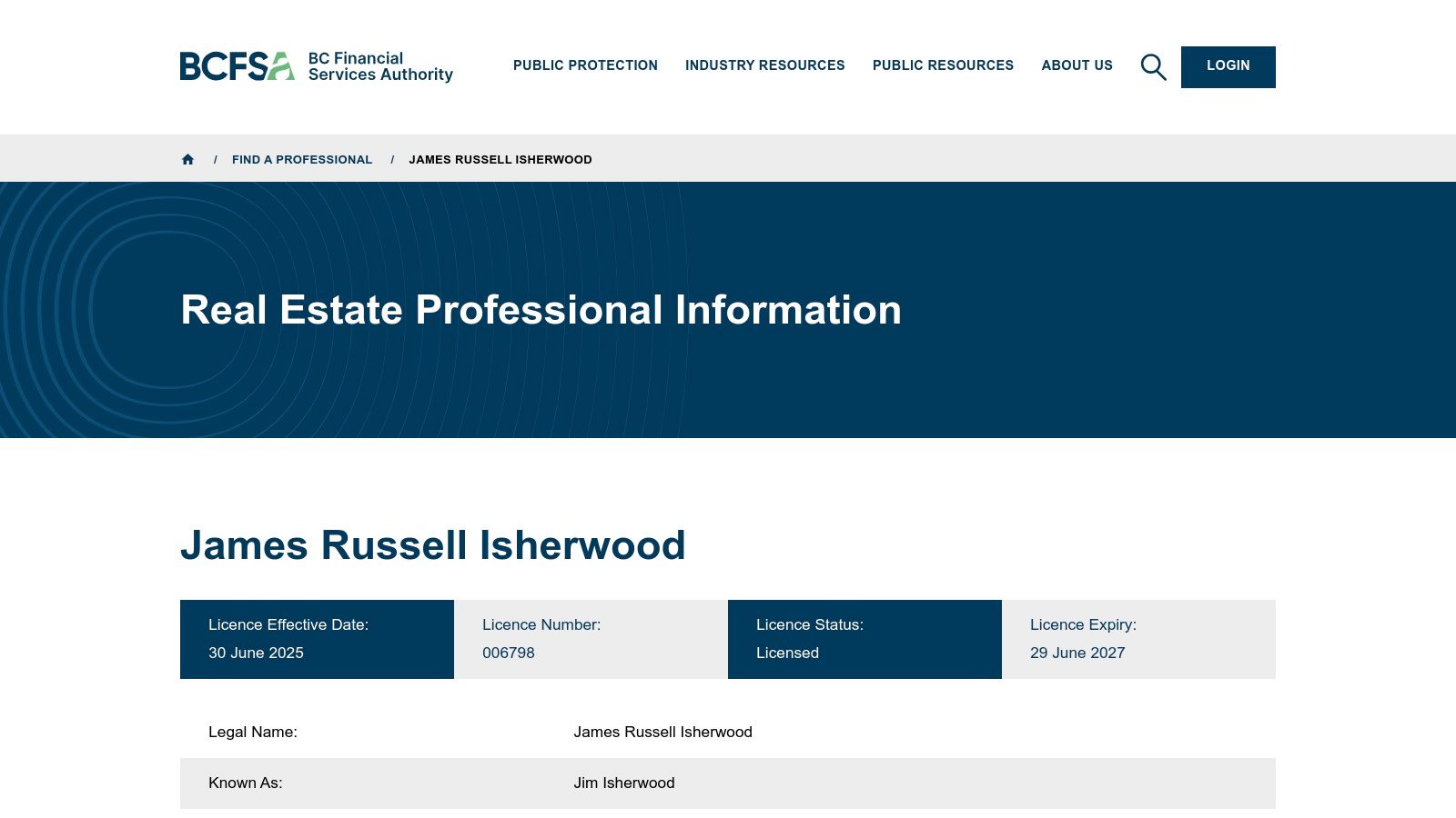 BCFSA licence lookup – James Russell (Jim) Isherwood