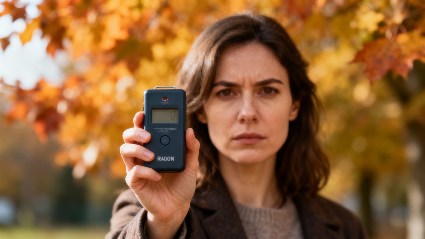 Woman holding radon detector, autumn background.
