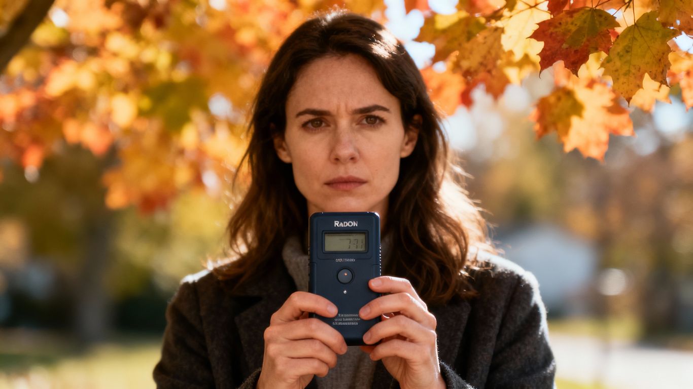 Woman holding radon detector, autumn background.