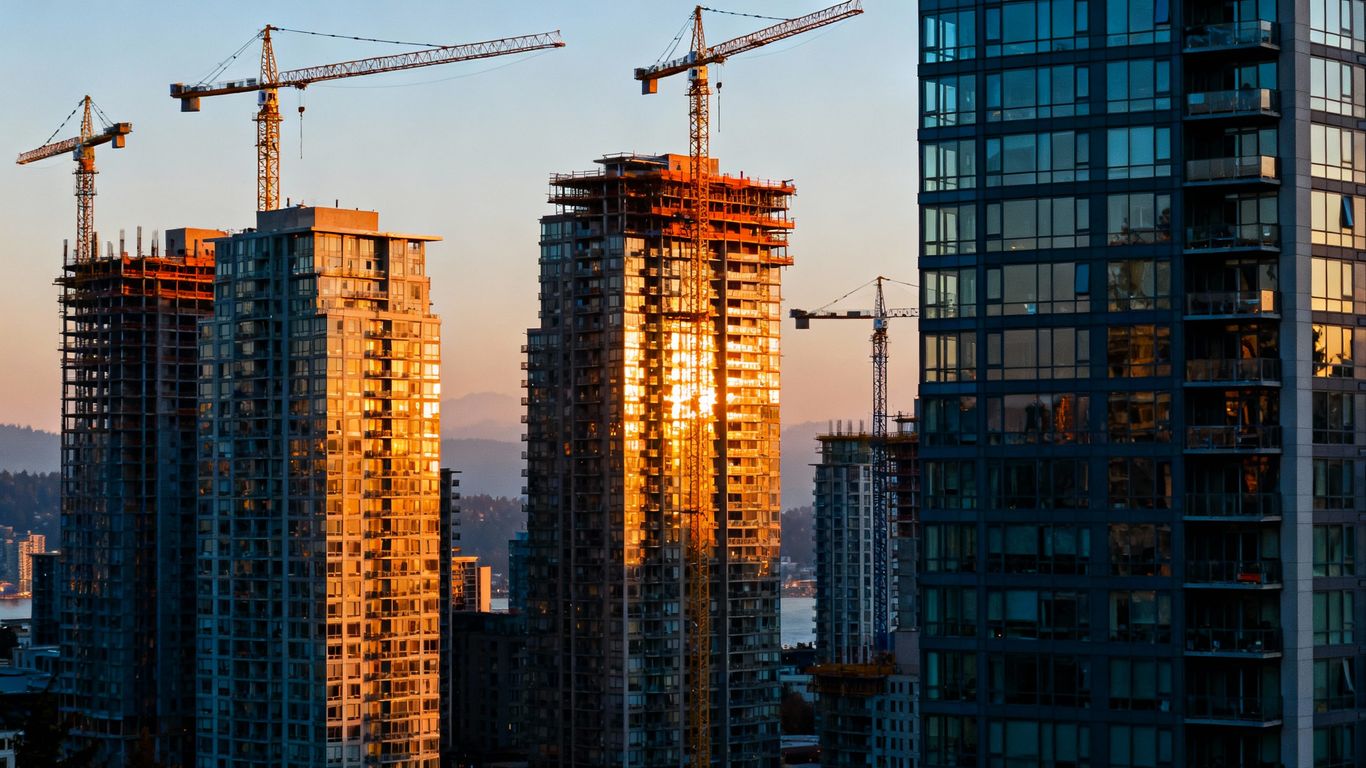 Vancouver skyline with many construction cranes and new buildings.