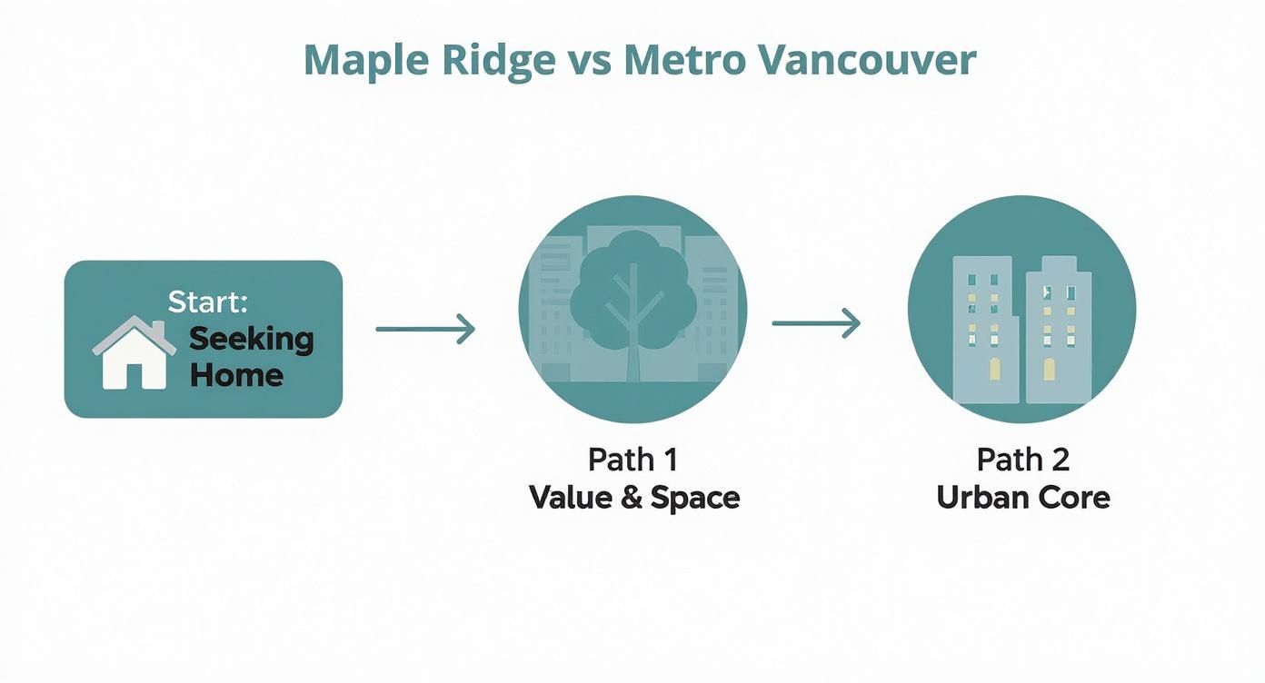 Infographic showing a decision tree for homebuyers choosing between Maple Ridge for value and space versus Metro Vancouver for an urban core.