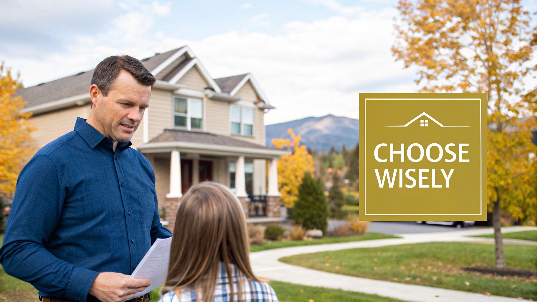 A modern kitchen with a real estate agent and a couple reviewing documents on the counter