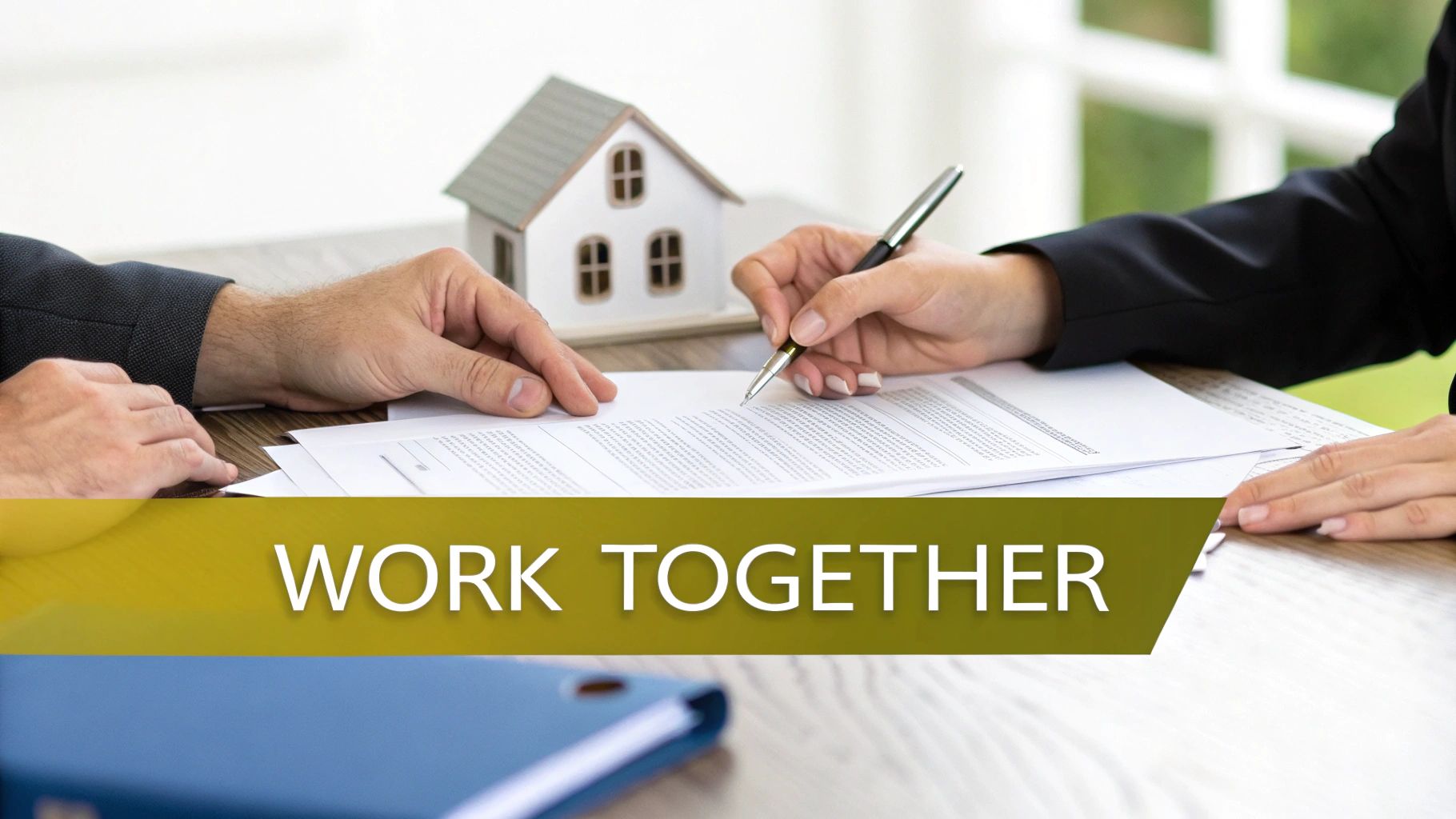 A real estate agent and a happy family shaking hands in front of a house with a 'Sold' sign.