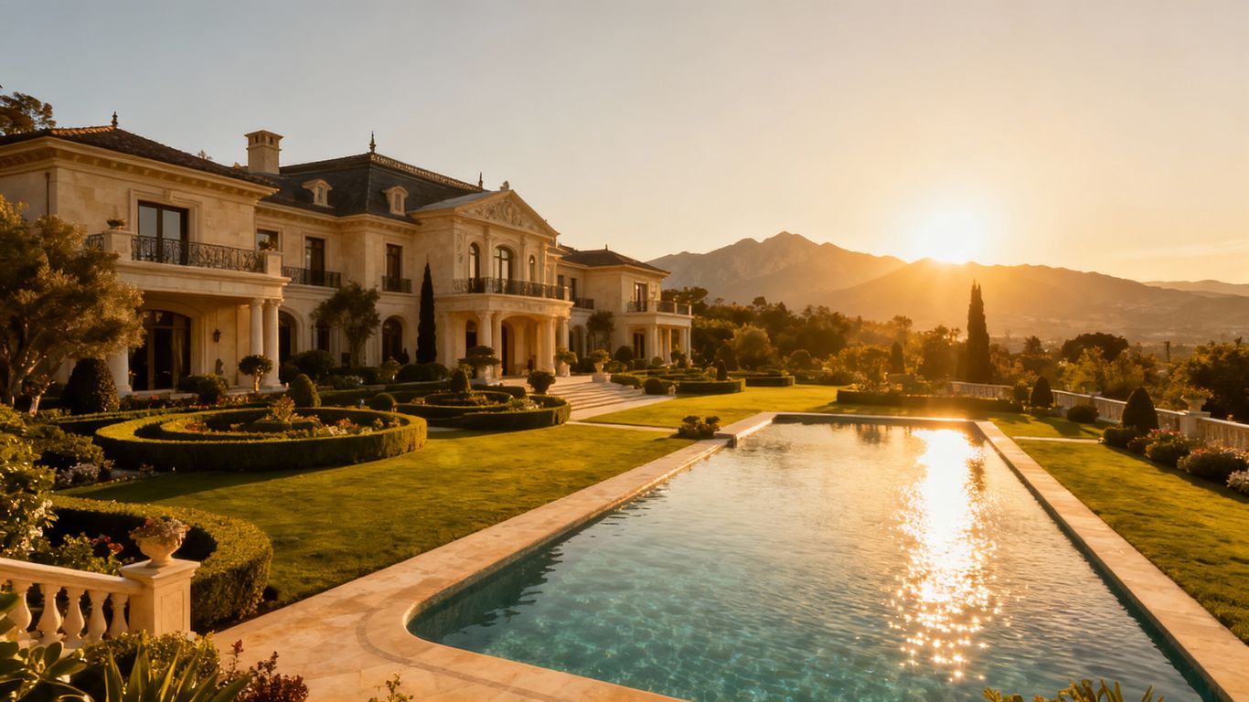 Luxurious Okanagan estate with pool and mountain backdrop.