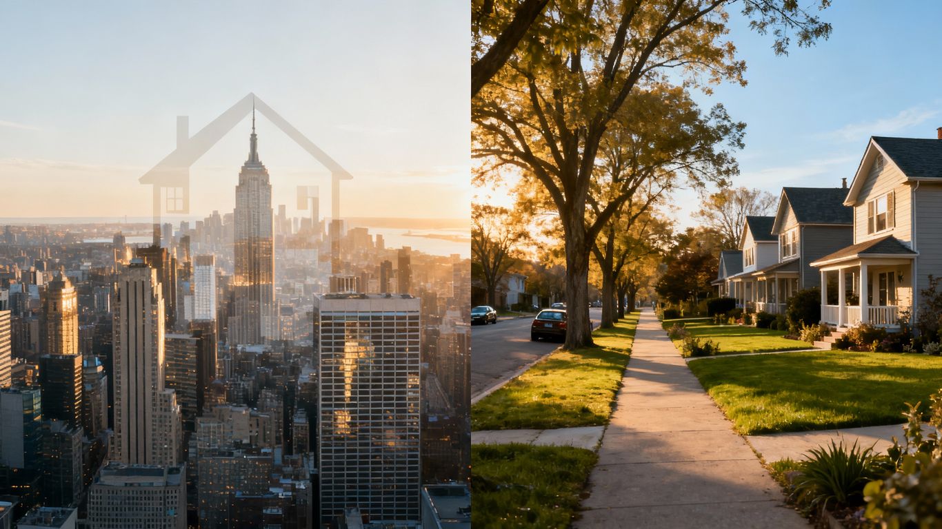 MLS market insights: cityscape and suburban street.