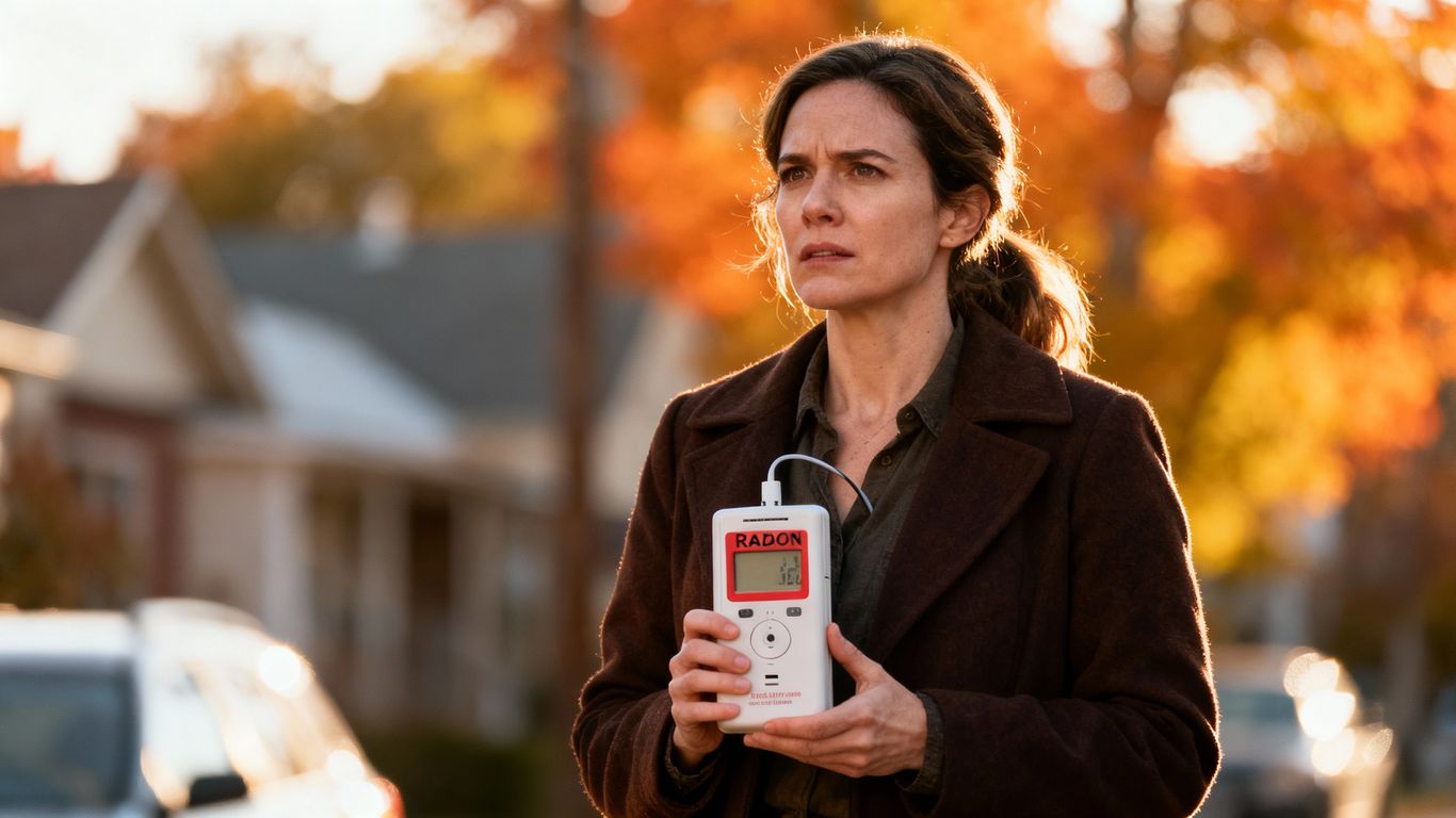 Woman promotes radon awareness with a detector.