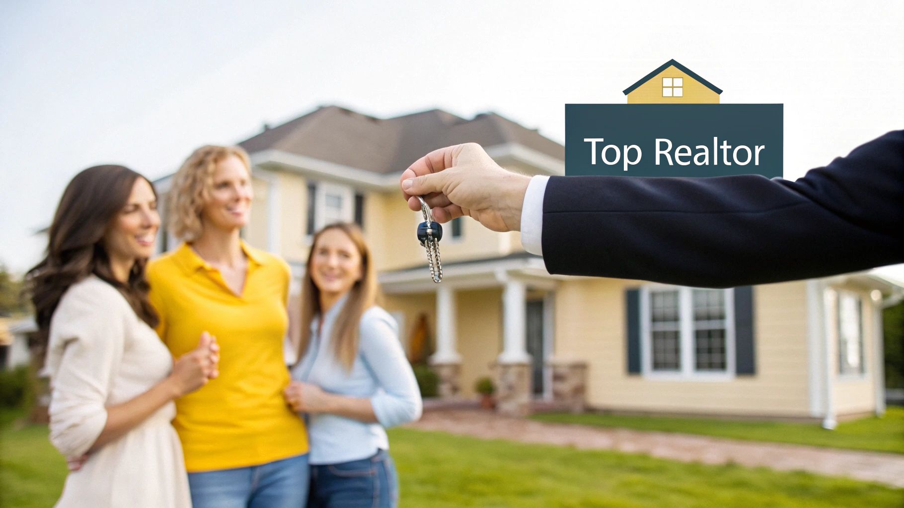 A realtor presenting a modern home's interior to a young couple.