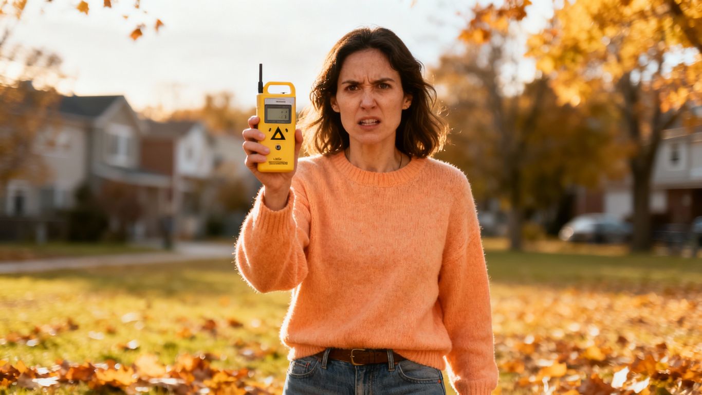 Woman promotes radon awareness with a detector.