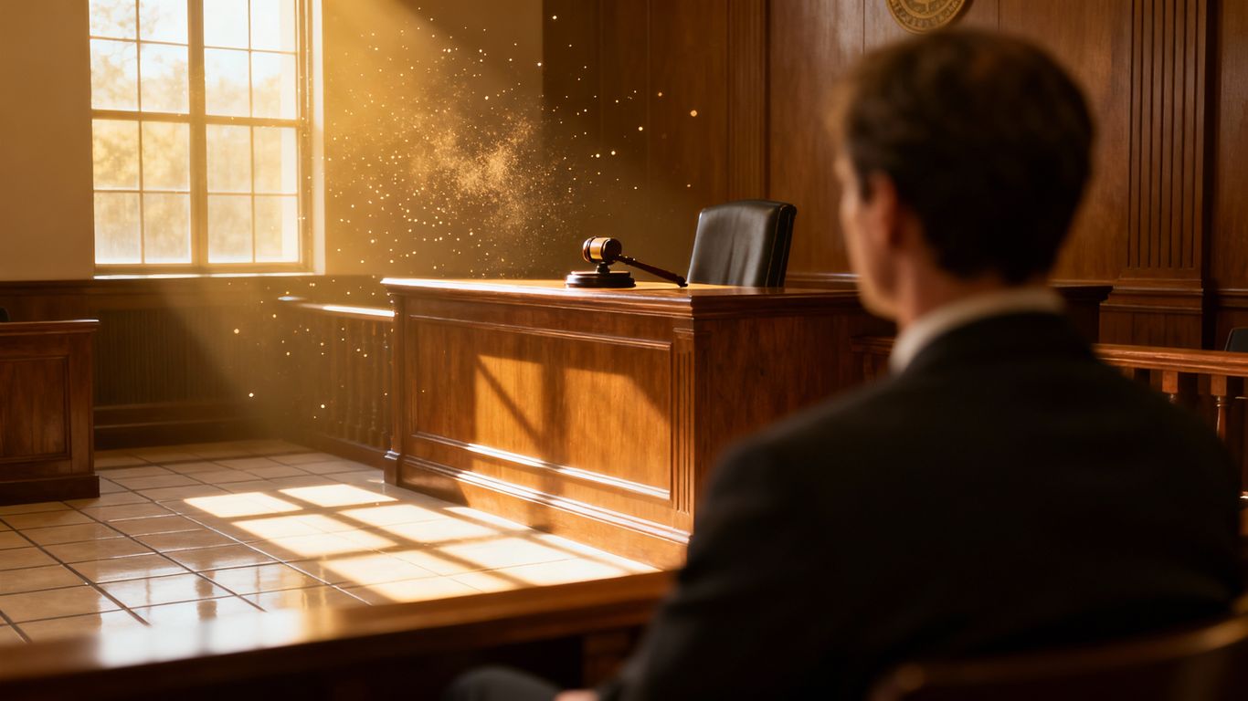 Courtroom scene with judge's bench and gavel.