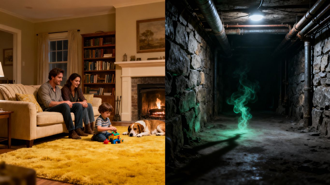 Family in living room, dark basement with gas.