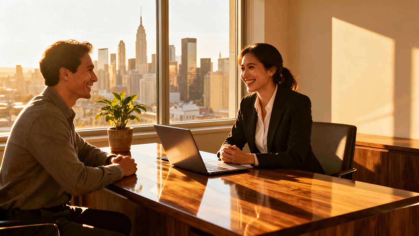 Real estate agent and client discussing lifestyle reports.