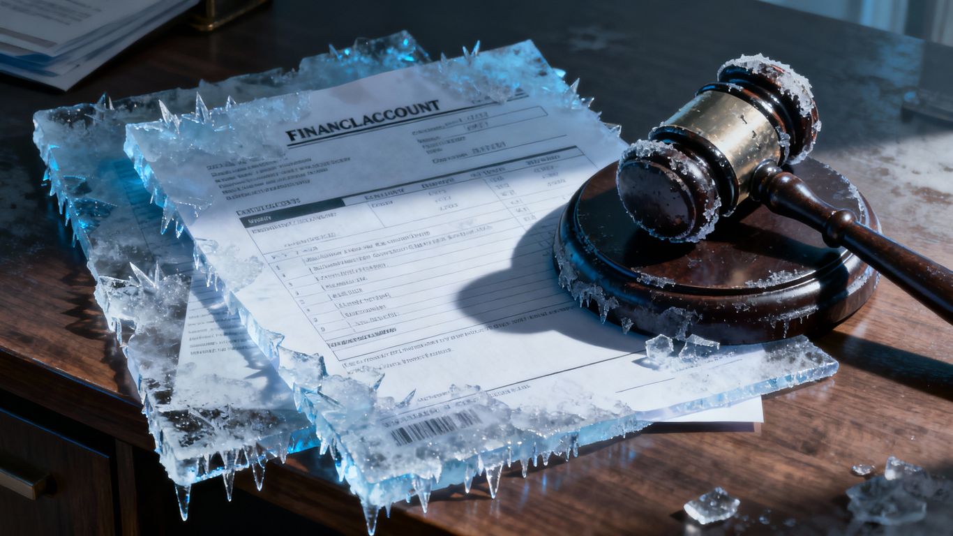 Frozen bank account with a gavel, legal action.