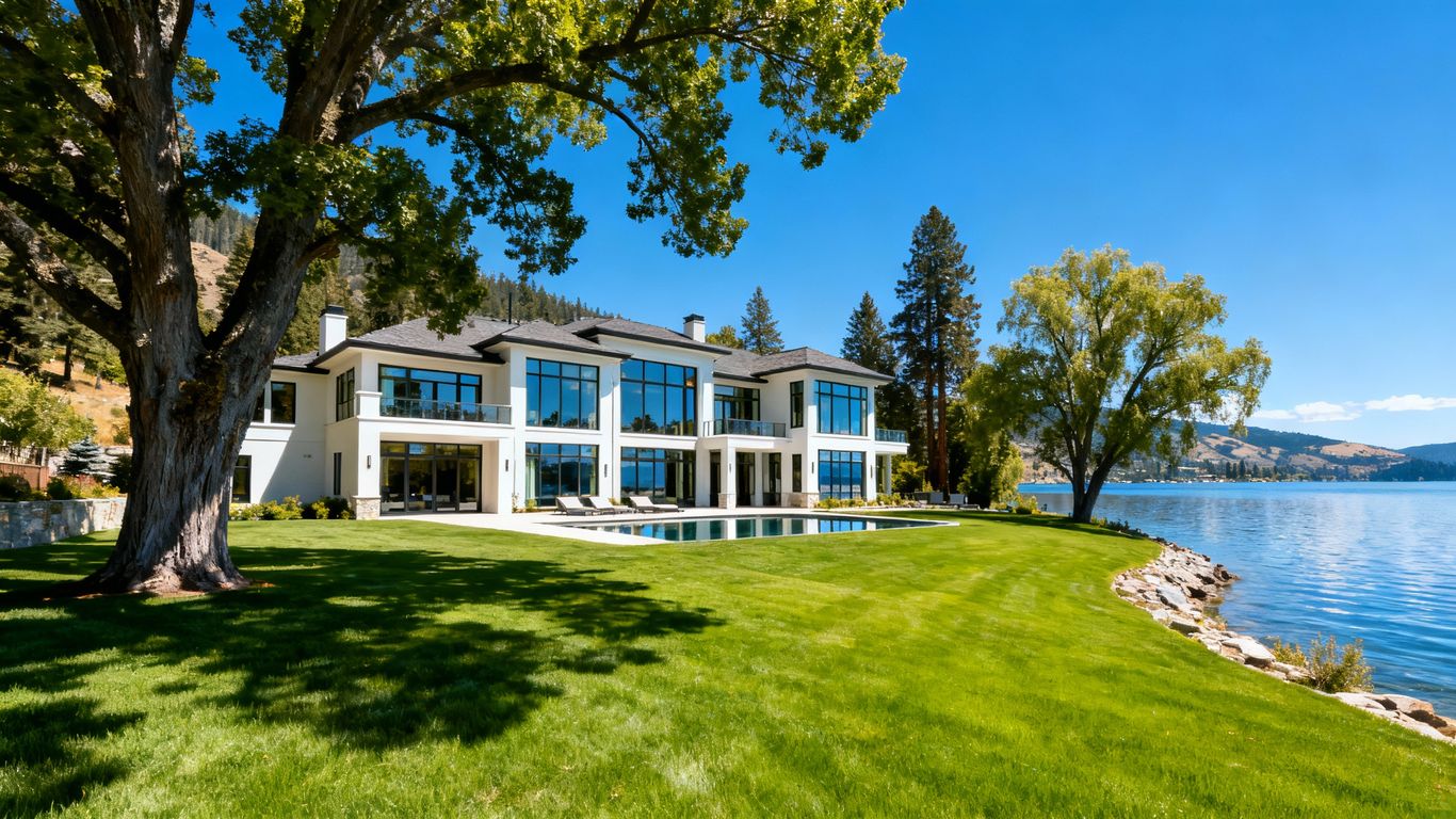 Okanagan Lakefront mansion with modern architecture and lake views.