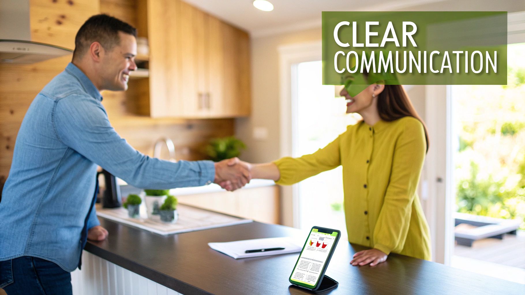 A realtor having a positive and clear conversation with a client at a kitchen table.