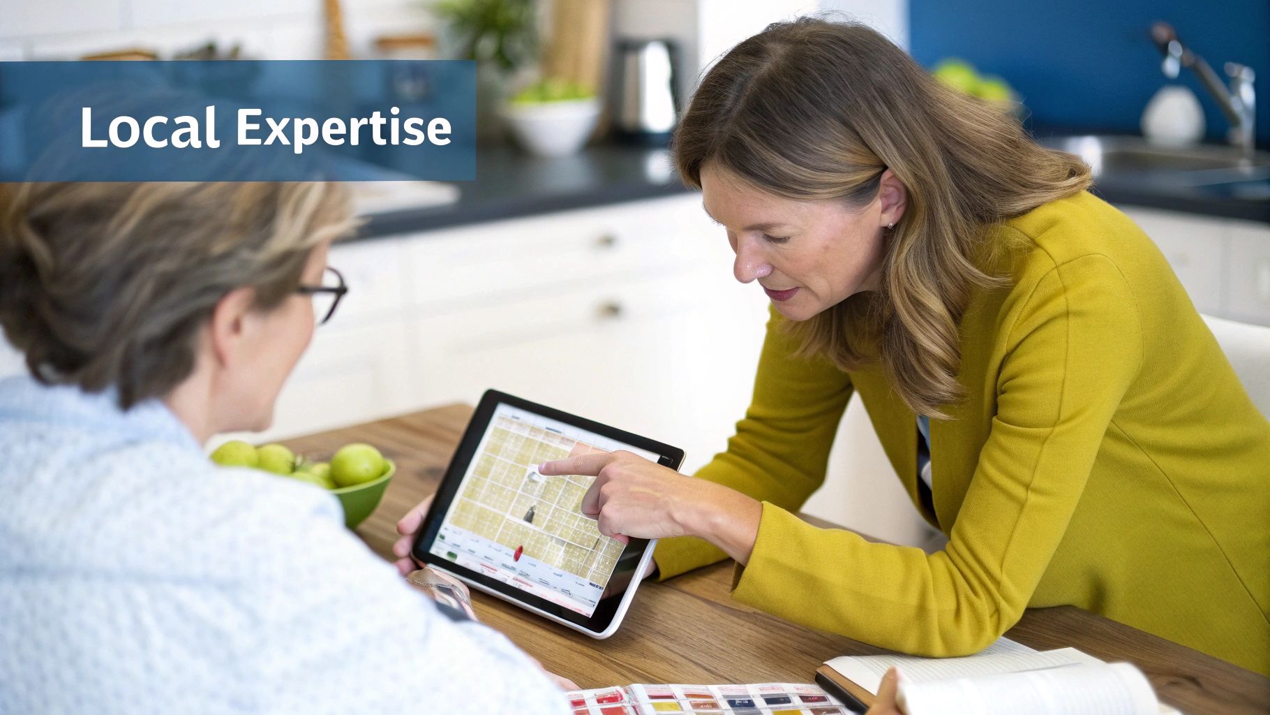 A realtor pointing out neighbourhood features on a map to a couple.