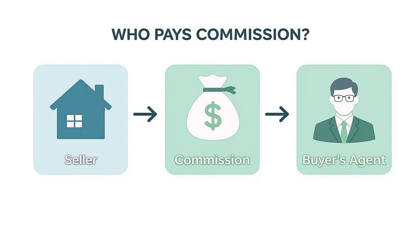 Infographic showing the flow of real estate commission from the seller to the buyer's agent.