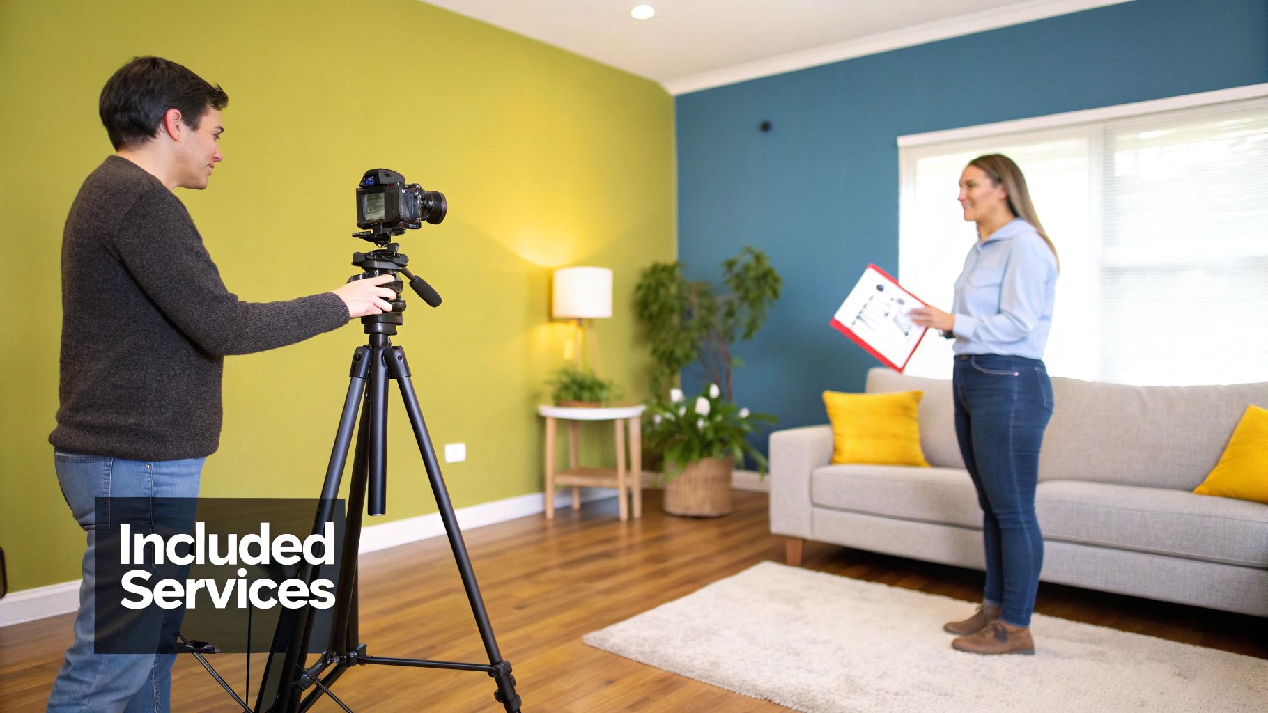 A real estate agent presenting documents to a smiling couple in a modern home.