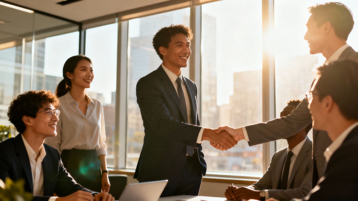 Real estate professionals collaborating and succeeding in a modern office.