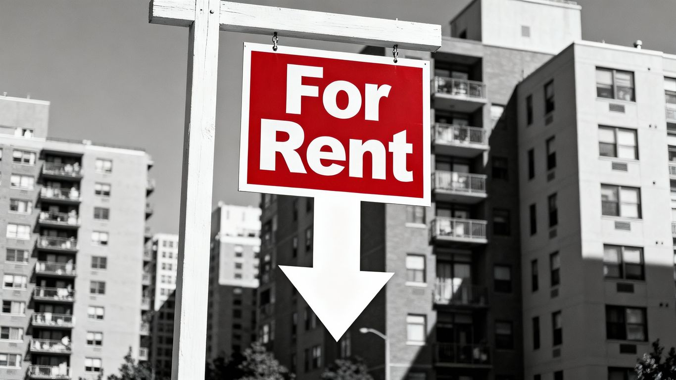 Apartment buildings with a downward arrow indicating rent decrease.