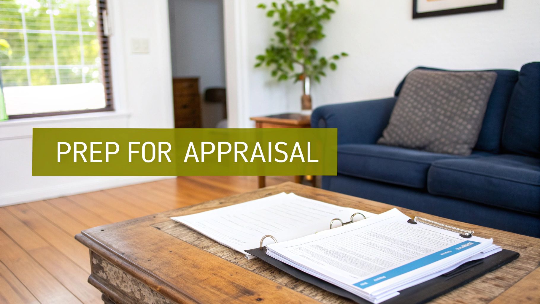 A clean, organized living room ready for a home evaluation, with natural light and minimal clutter.
