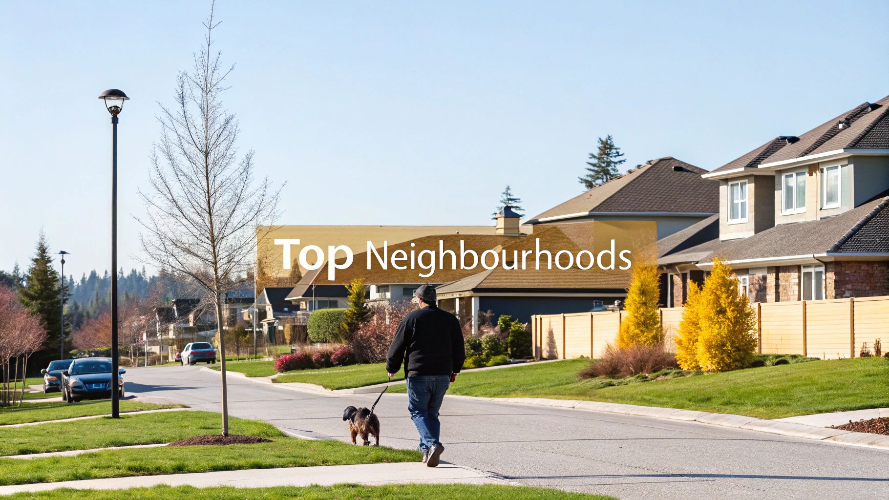 Scenic view of a neighbourhood in Maple Ridge with mountains in the background.