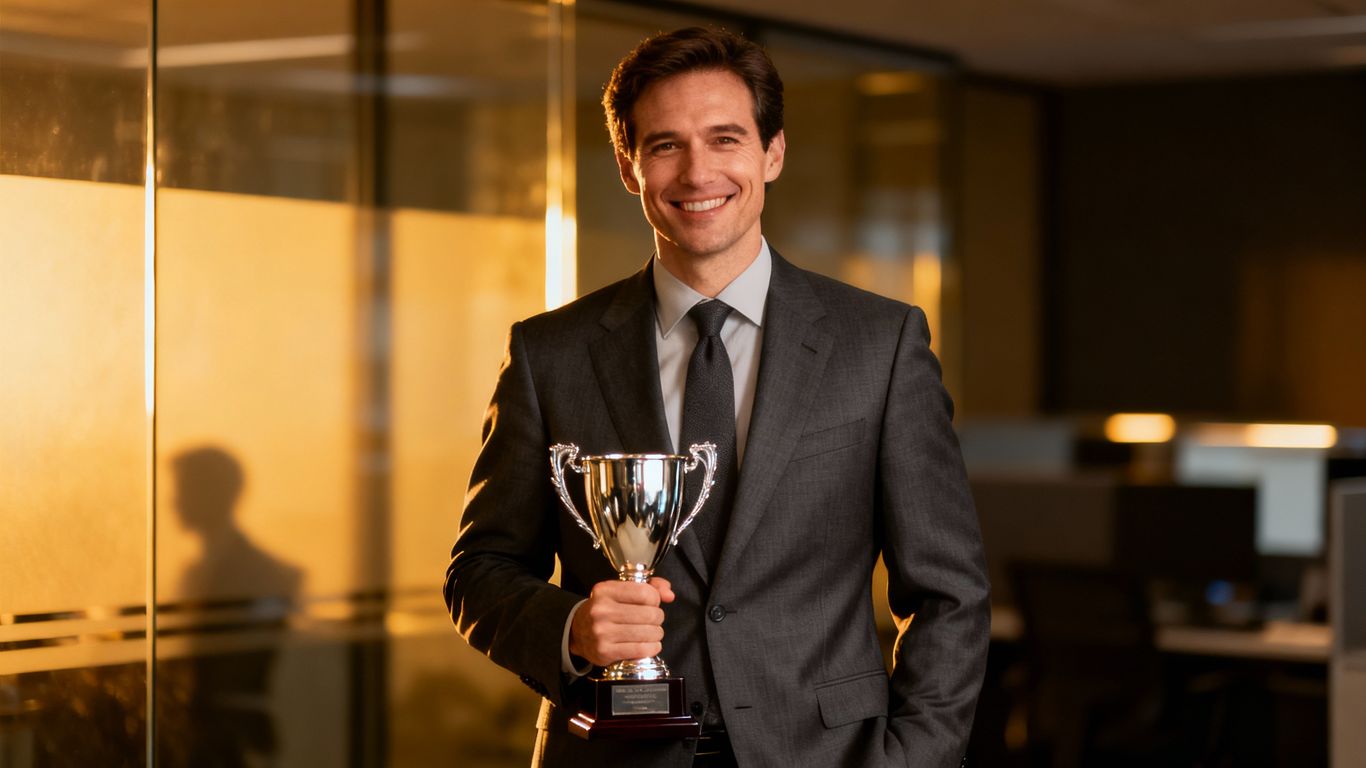 Man holding Entrepreneur of the Year trophy