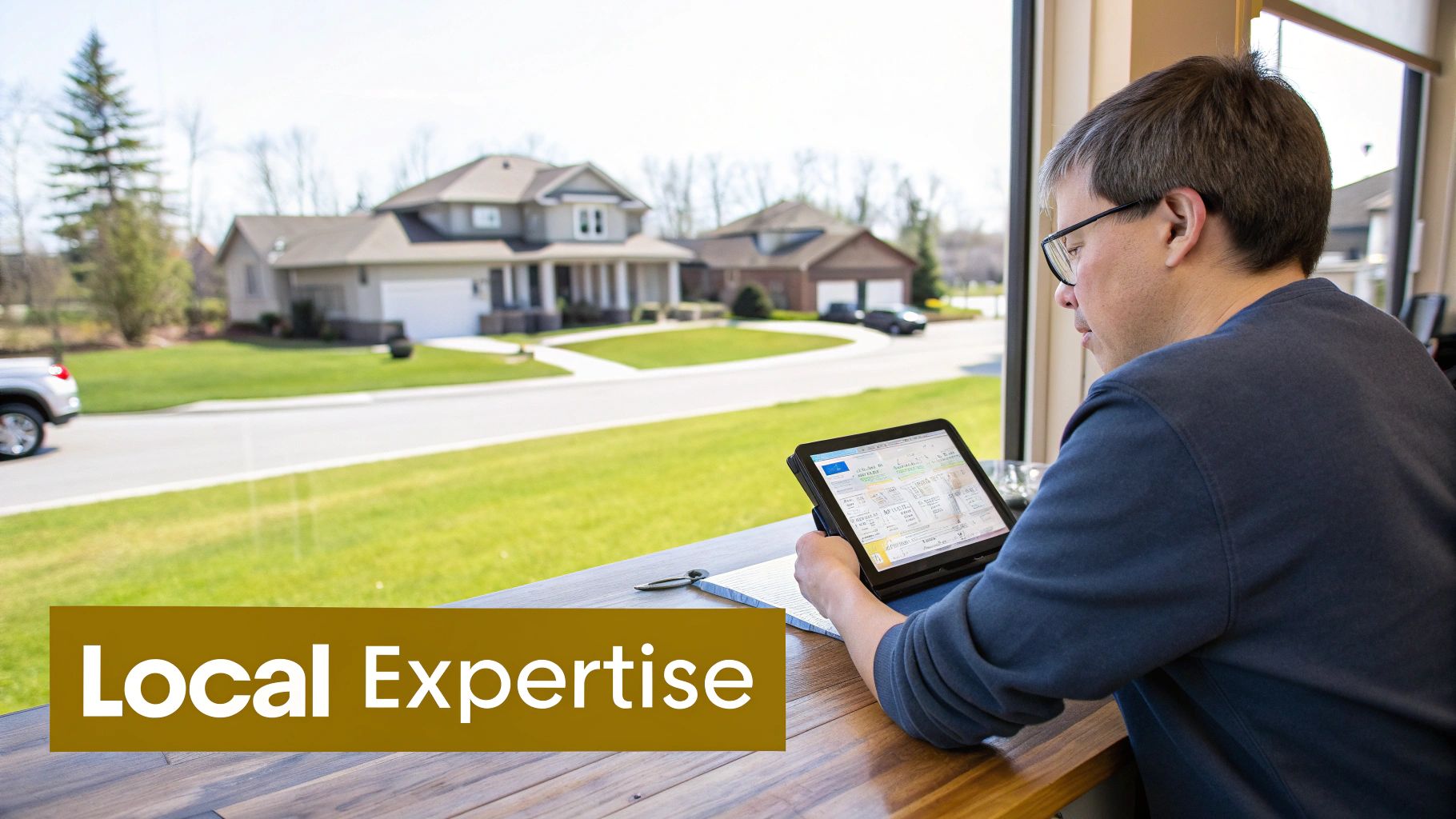 A smiling real estate agent handing keys to a happy couple in front of a house