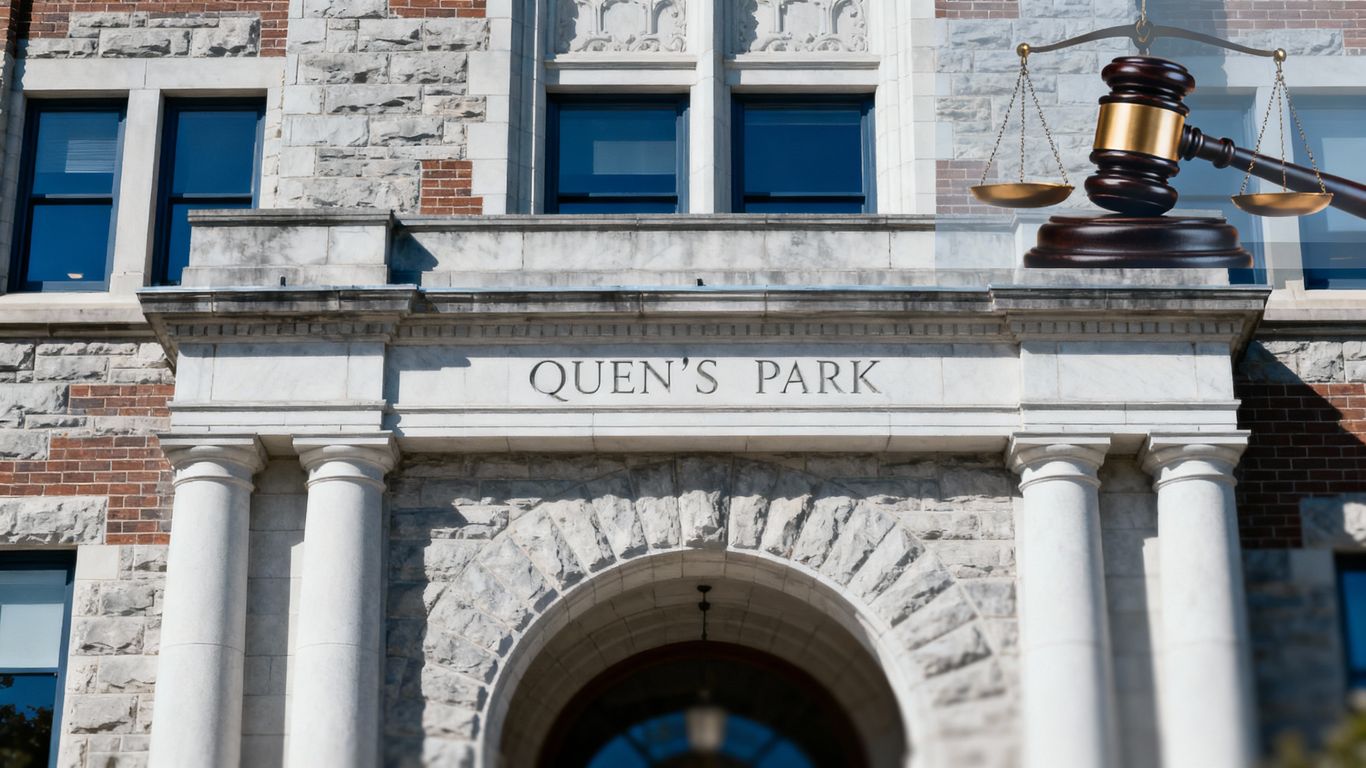 Ontario government building with legal symbols.