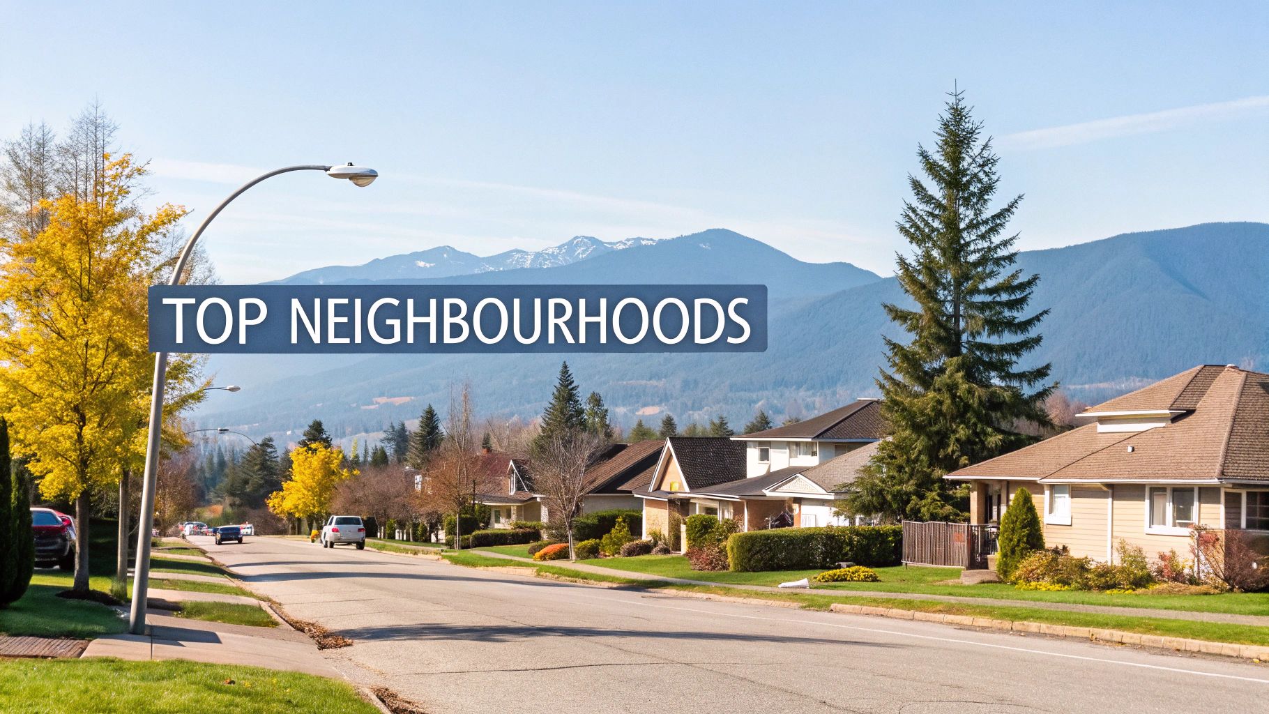 A beautiful residential street in a Maple Ridge neighbourhood with lush green trees.