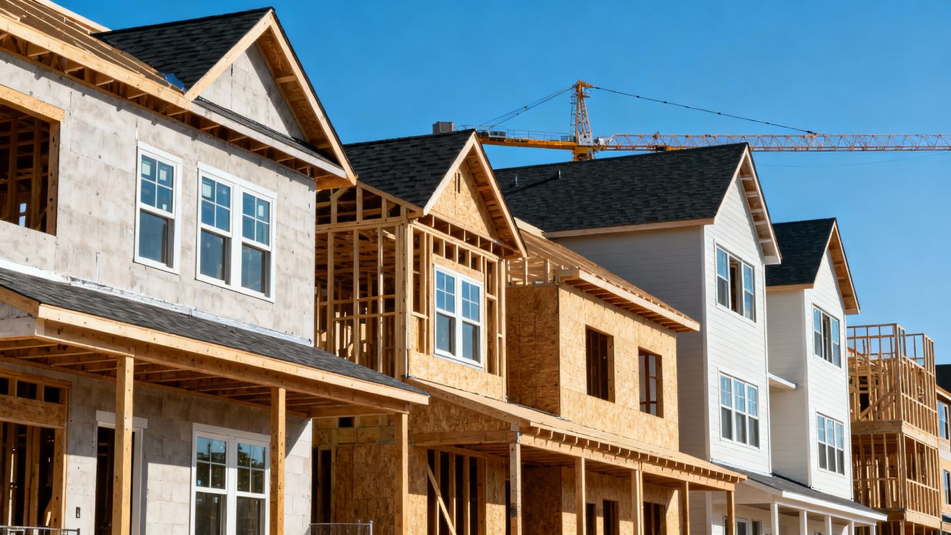 New housing construction with cranes and unfinished buildings.