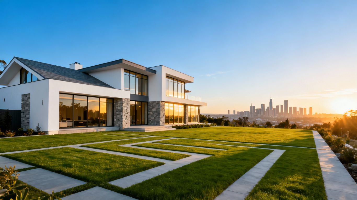 Modern house exterior with sunny sky.